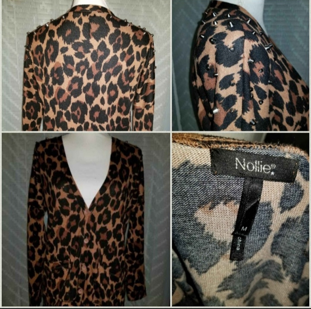 Cheetah print sweater with spike studded shoulder